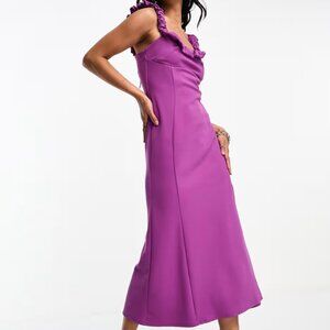 ASOS DESIGN Scrunch Neck Soft Textured A-Line Midi Dress in Magenta.